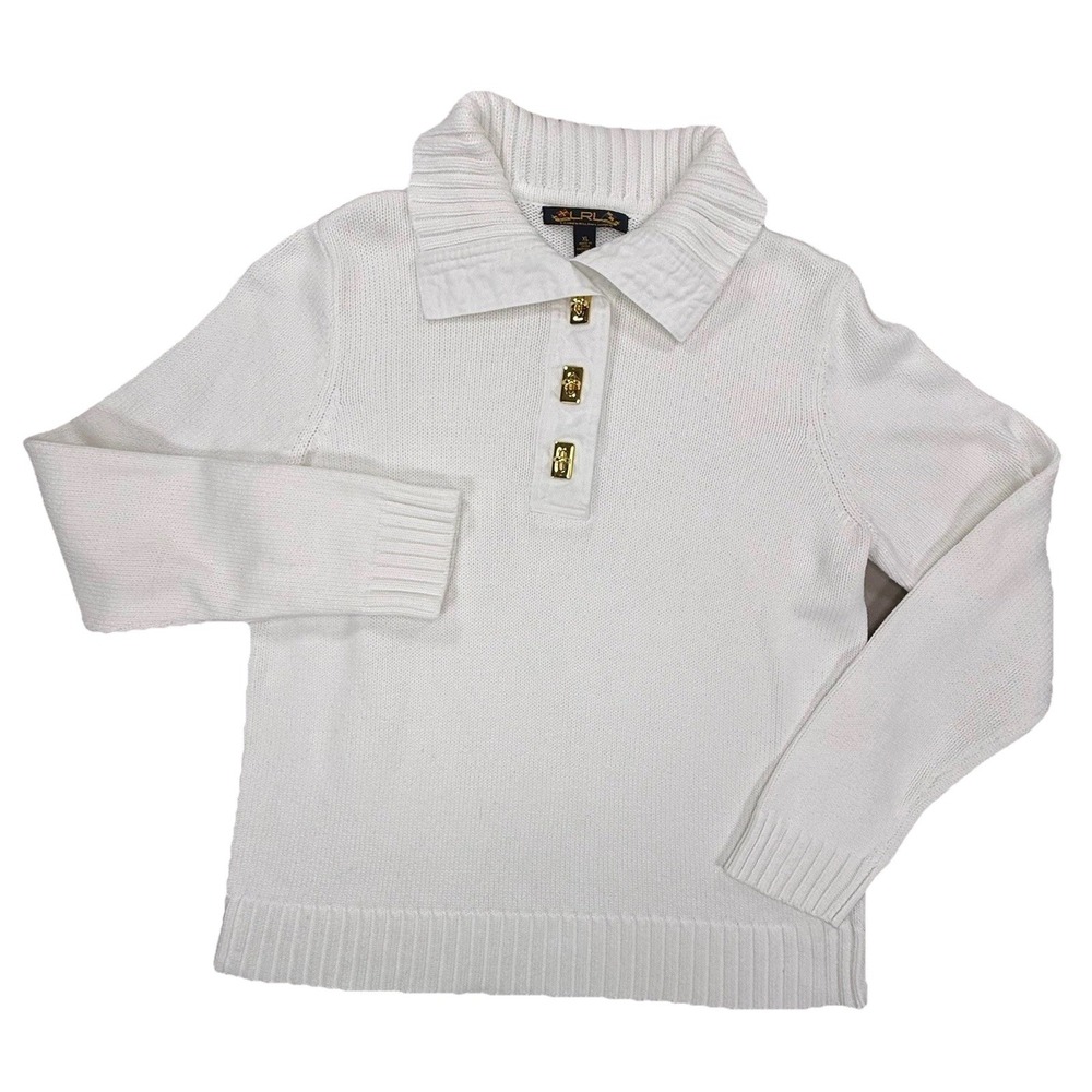 Lauren Ralph Lauren Sweater Women's‎  Extra Large White Cotton Knit Gold Buttons